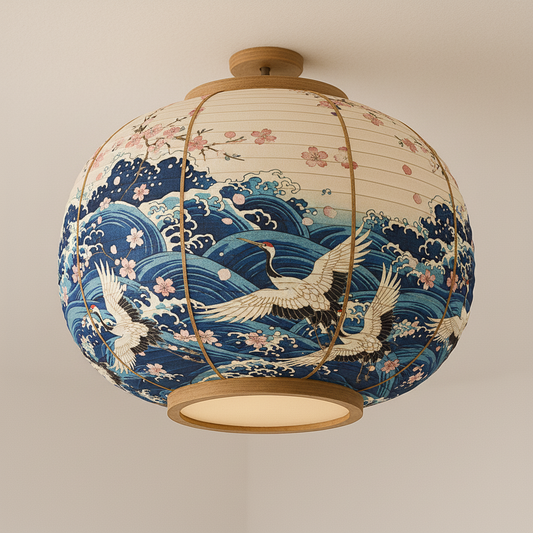 Aokaze – Japanse Plafondlamp met Kraanvogels & Oceaangolven Design