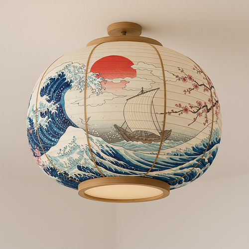 FujiWave – Japanse Plafondlamp met Rode Zon & Zeilboot